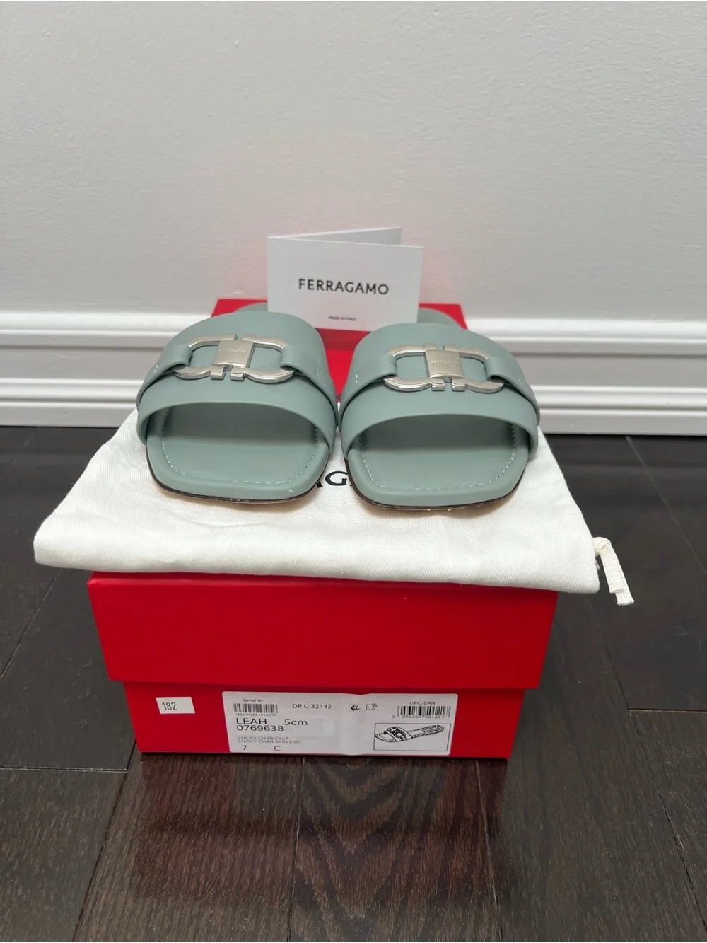 Salvatore Ferragamo Women's Leah Lucky Charm Gancini Slides, Mint Green, 7 C